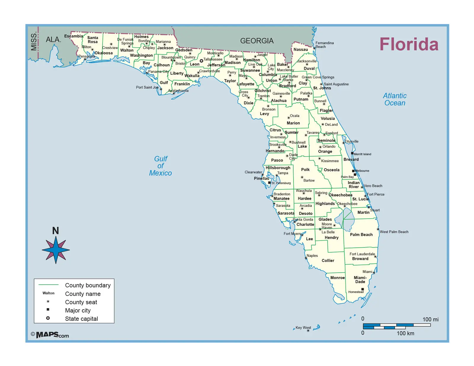 Florida County Outline Wall Map