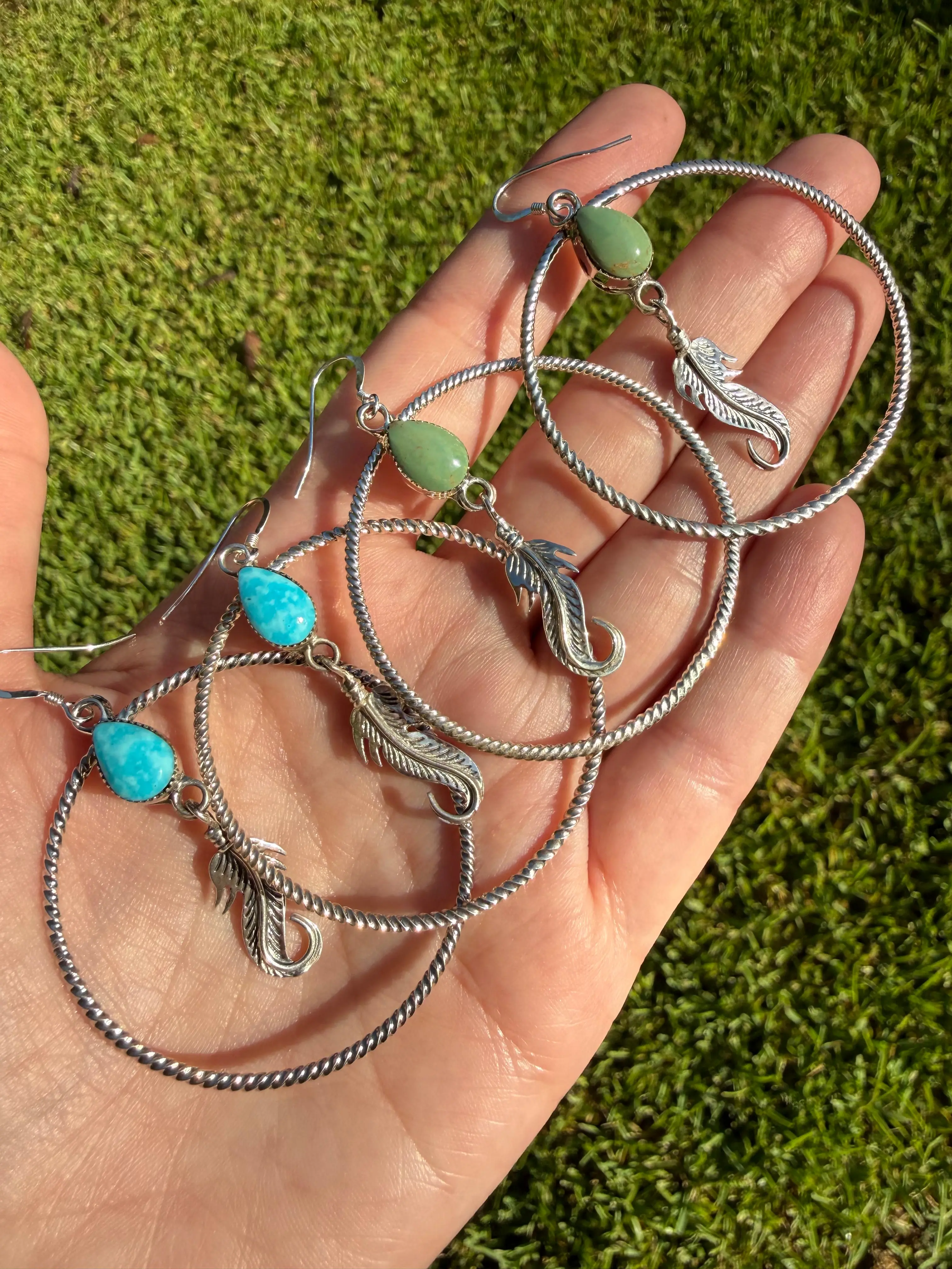 Navajo Turquoise Feather Dangle Hoop Sterling Silver Earrings