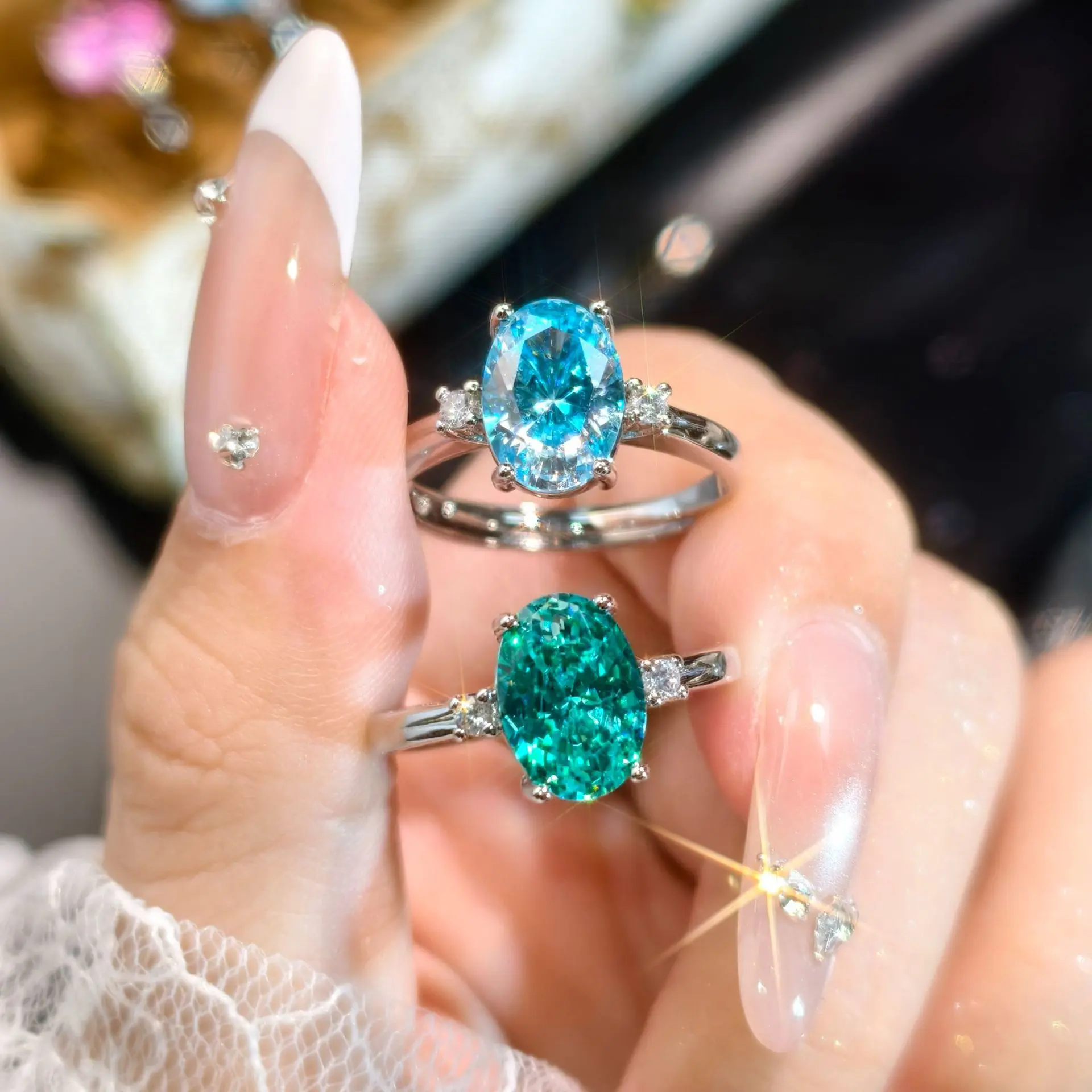 Para Green Ice Flower Cut Sparkling Crushed Ice Zirconia Proposal Open Ring for Women, Pink and Blue Fashionable Simple Wedding Ring