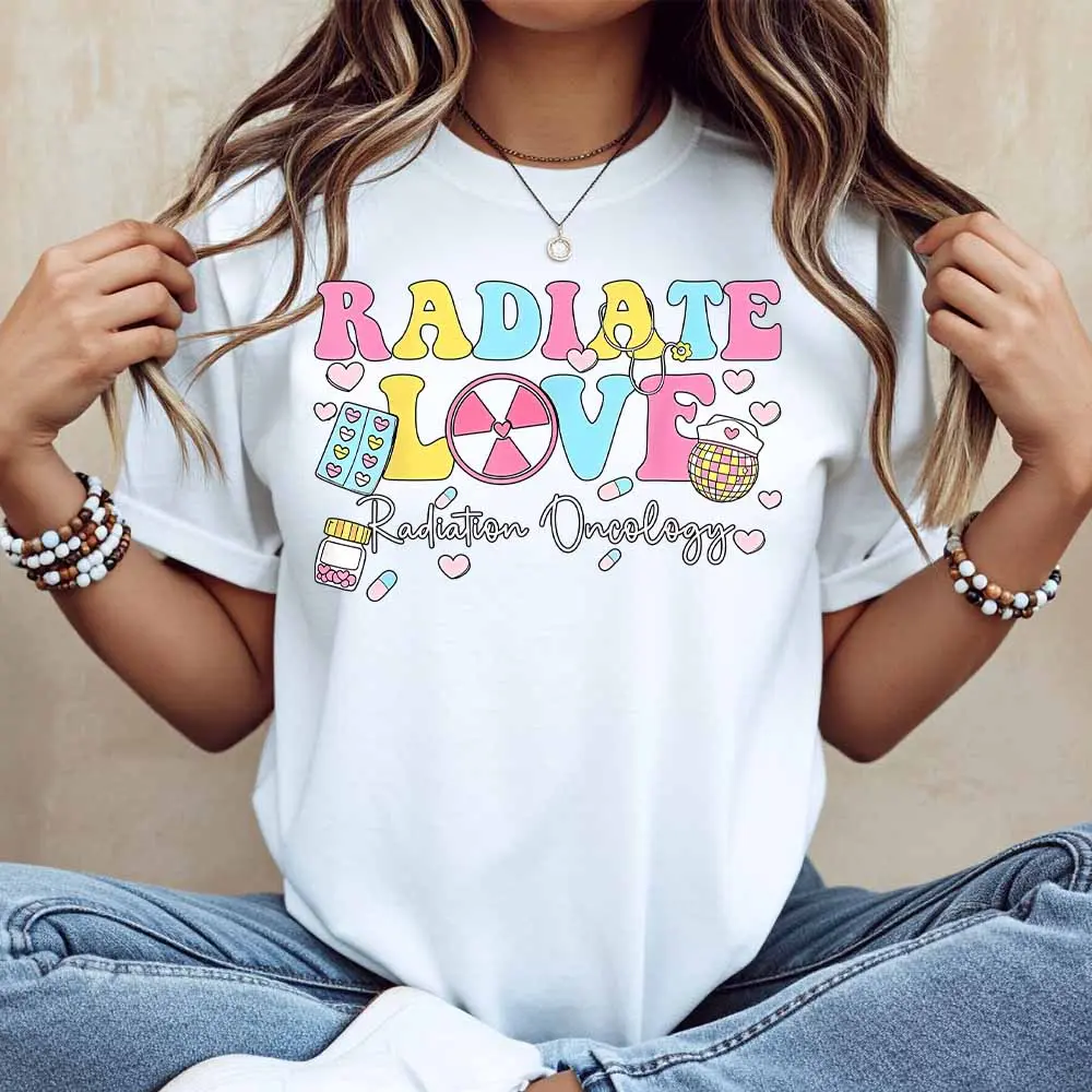 Radiate Love Radiation Oncology Print T Shirt Women Casual Short Sleeve Top