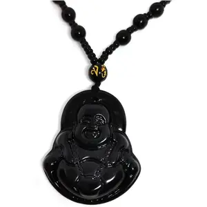 Obsidian Buddha Bead Chain Necklace – Imitate Jade Buddhism Jewelry, Lucky Protection Spiritual Gift for Women & Men
