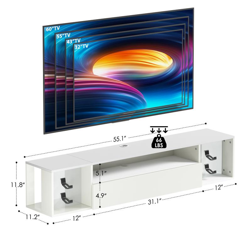 Soges 55" Floating TV Stand with LED Lights, Wall Mounted Entertainment Centre with 2 Headphone & 4 Gaming Handle Hooks, Modern Space Saving Media Console TV Shelf with Storage for Living Room Bedroom