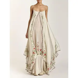 [Floral |     Lightweight] Lightweight Polyester Women's Floral Print Sleeveless Maxi Dress |     Casual Loose Fit, Ruffled Hem, Machine Washable |     Cream with Red & Green Floral Patterns, Floral Print Dress Fabric Womenswear Spaghetti Strap Fitted