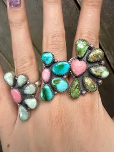Pink Conch Multi Stone Half Cluster Sterling Silver Adjustable Ring