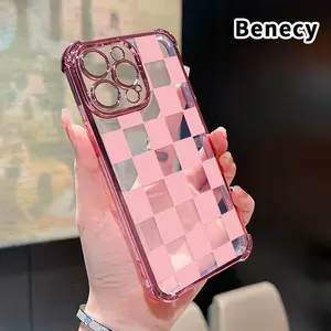 Pink checkered Pattern Four Corner Anti-Fall Phone Case Transparent Electroplated Protective Cover for iPhone 16 Pro Max 15 Plus 14 13 12 11 E