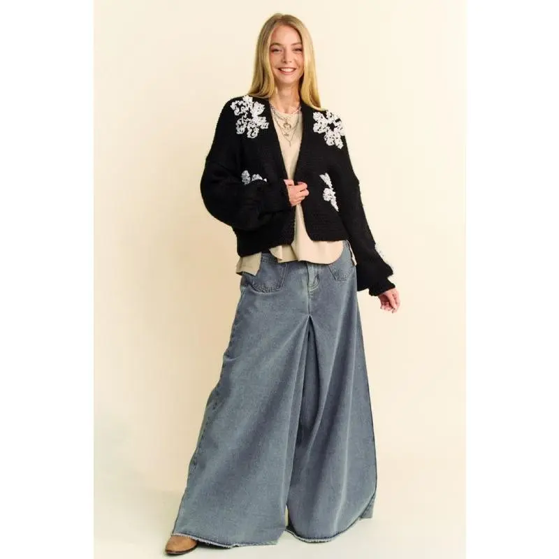 Davi & Dani Floral Applique Open Front Dropped Shoulder Cardigan