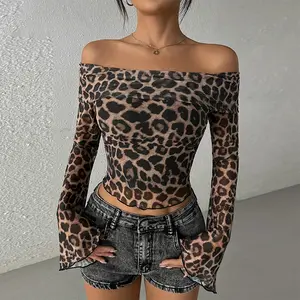 Off-Shoulder Long Sleeve Cropped Leopard Print Top