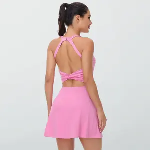 Women's Athletic Dress with Built-in Shorts 2-Piece Tennis Outfit Cut-Out Twisted Design Summer Golf Workout Dress for Women