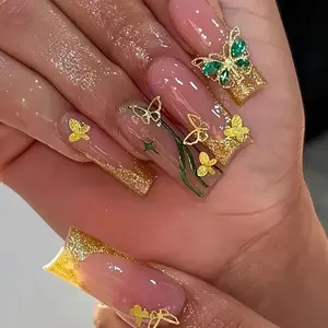 Press on Nails - Long Square Fake Nails with Bling Gold Glitter, Acrylic Butterfly Rhinestone Design 24 pcs