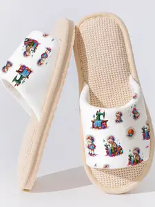 Sewing Machine Gnome Playful Linen Slippers, 1 Pair, Non-slip Lightweight Breathable Cozy Home Shoes for Daily & Guest Use