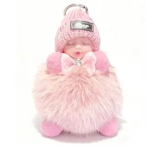 Kawaii Sleeping Baby Doll Keychain Pink Plush Pom Pom Bag Charm Fashionable Key Ring Pendant for Purse Backpack Decoration