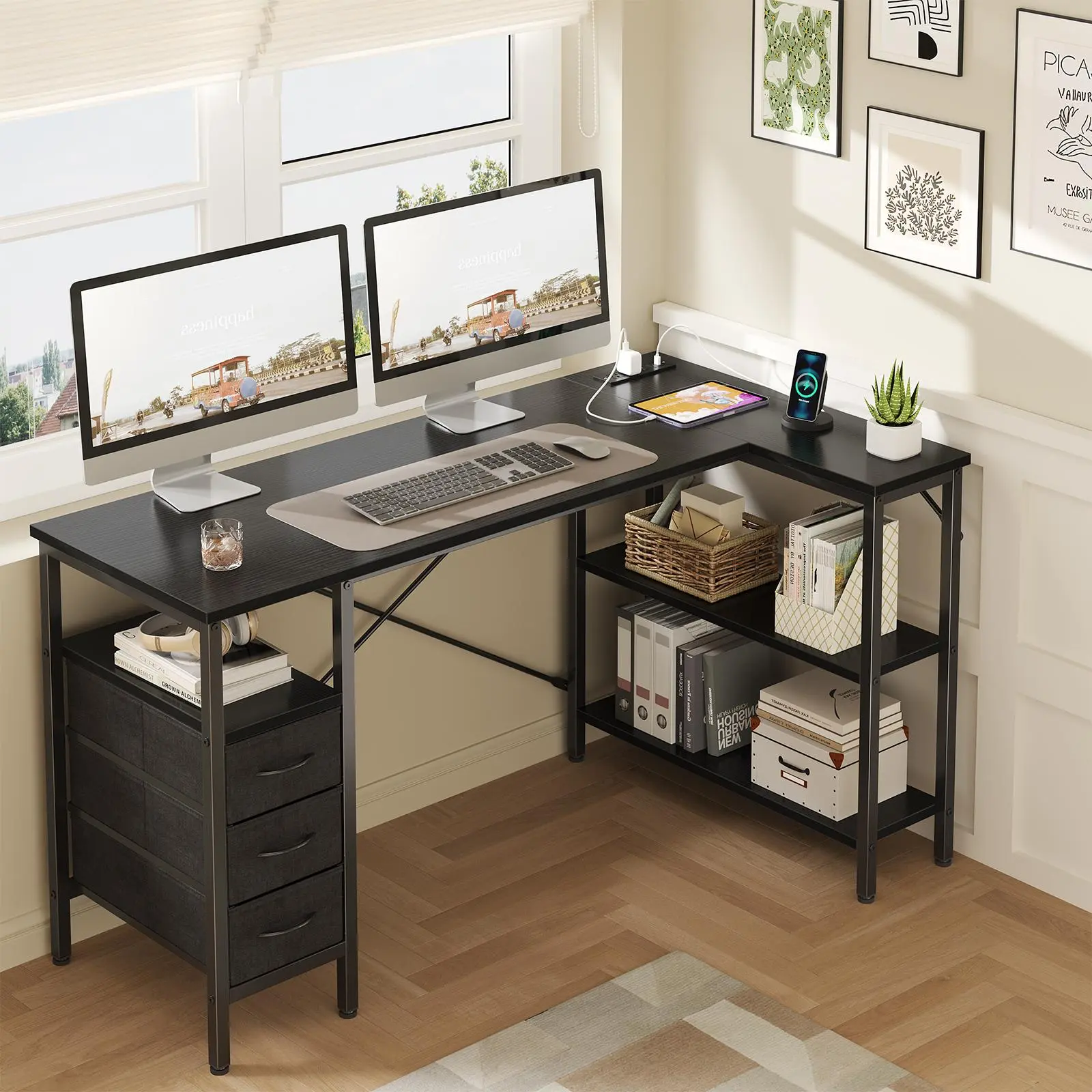 Sweetcrispy 55-Inch Black L-Shaped Office Workstation Desk with Shelves, Drawers, Adjustable Shelving, Power Outlet - Standing Desk for Gaming, WFH Setup, Apartment & Studio Setup
