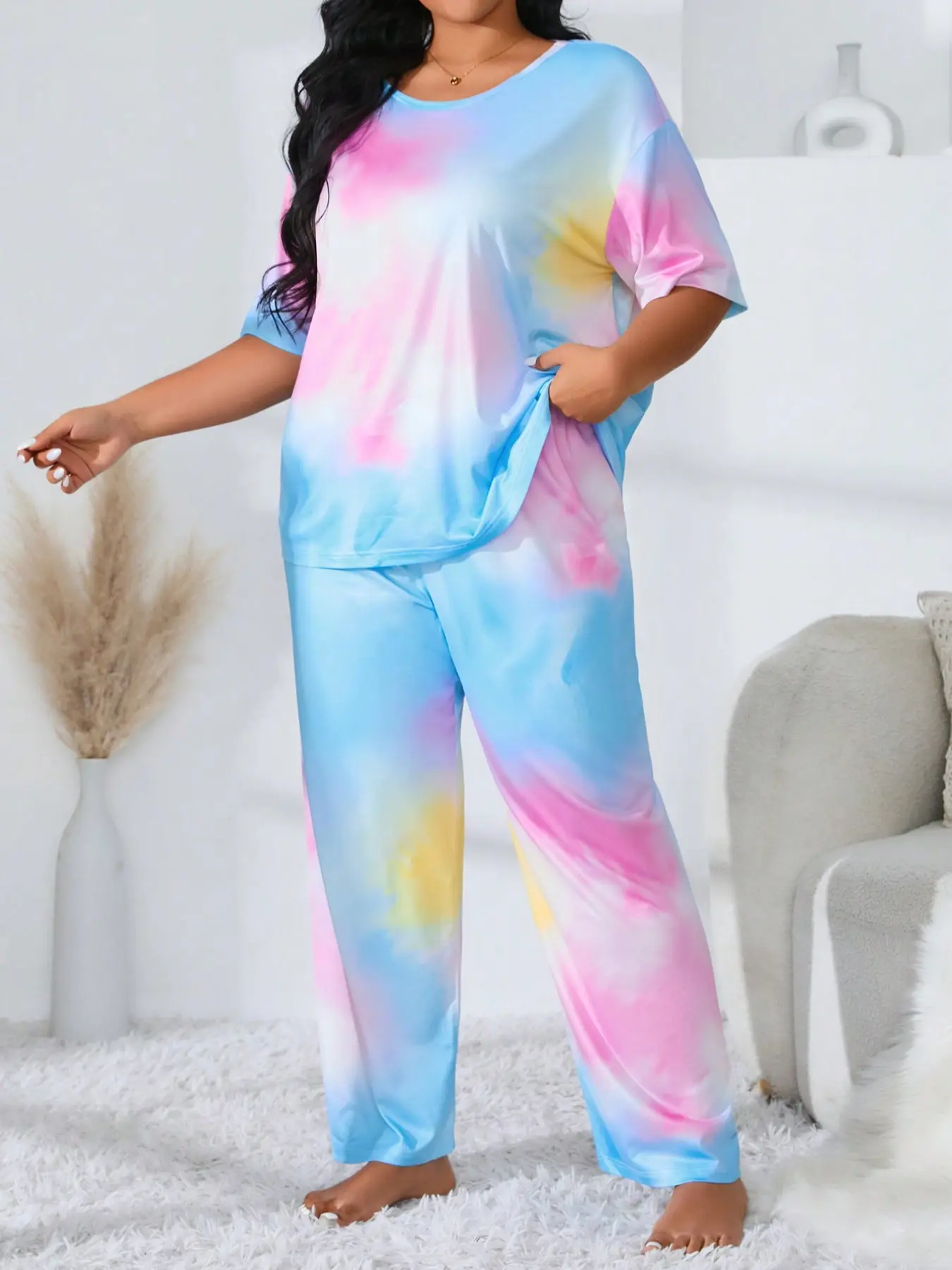 Women's Tie-Dye Two-Piece Set, Round Neck Short Sleeve Long Pants, Casual, All Seasons Wear, Fitted Design, Elastic Waist, Loungewear Homewear Pajama Set Pjs Nightwear, Round Neck Sleepwear, Elastic Waist Pajamas, Pajamas Sets