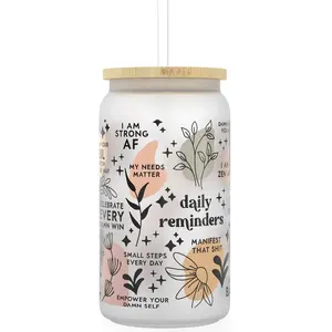 Daily Affirmation Iced Coffee Cup [Frosted], Glass Cups with   and Straws | 16 oz Mason Jar Drinking Glasses  Boba Cup | Glass Tumbler with Straw and Lid Mental  [Vulgar Edition]