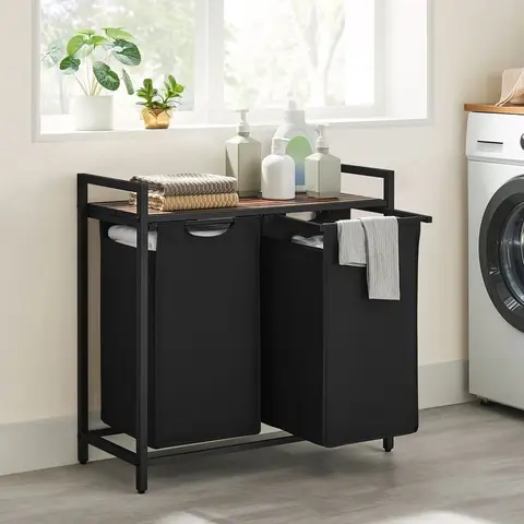 SONGMICS VASAGLE Modern Compartmentalized Laundry Hamper for Home Goods, Rectangular Home Organizer with Top Shelf, Pull-Out Bag, Antitip Wall Mount, 2 x Anti-Tip Device, MDF+Oxford (1 Compartment 19.7x13x28.4in, 2 Compartments 28.8x13x28.4in)