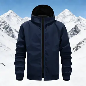 Men’s Spring/Autumn Hooded Windproof Waterproof Jacket, Dark Navy Outdoor Quick-Dry Jacket, Simple Commuter Mountaineering Cycling Top