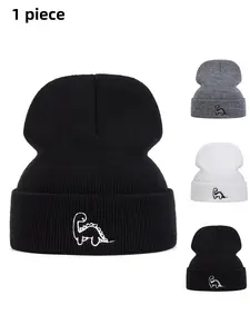 Unisex Dinosaur Embroidery Knit Beanie Hat, Outdoor Sun Protection Casual Cap, Spring & Fall Travel Beach Vacation Wear