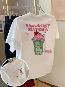 Strawberry Matcha Graphic Tee, Loose Fit Oversized Short Sleeve, Casual Unisex Summer Top, Soft Comfortable, Korean Style