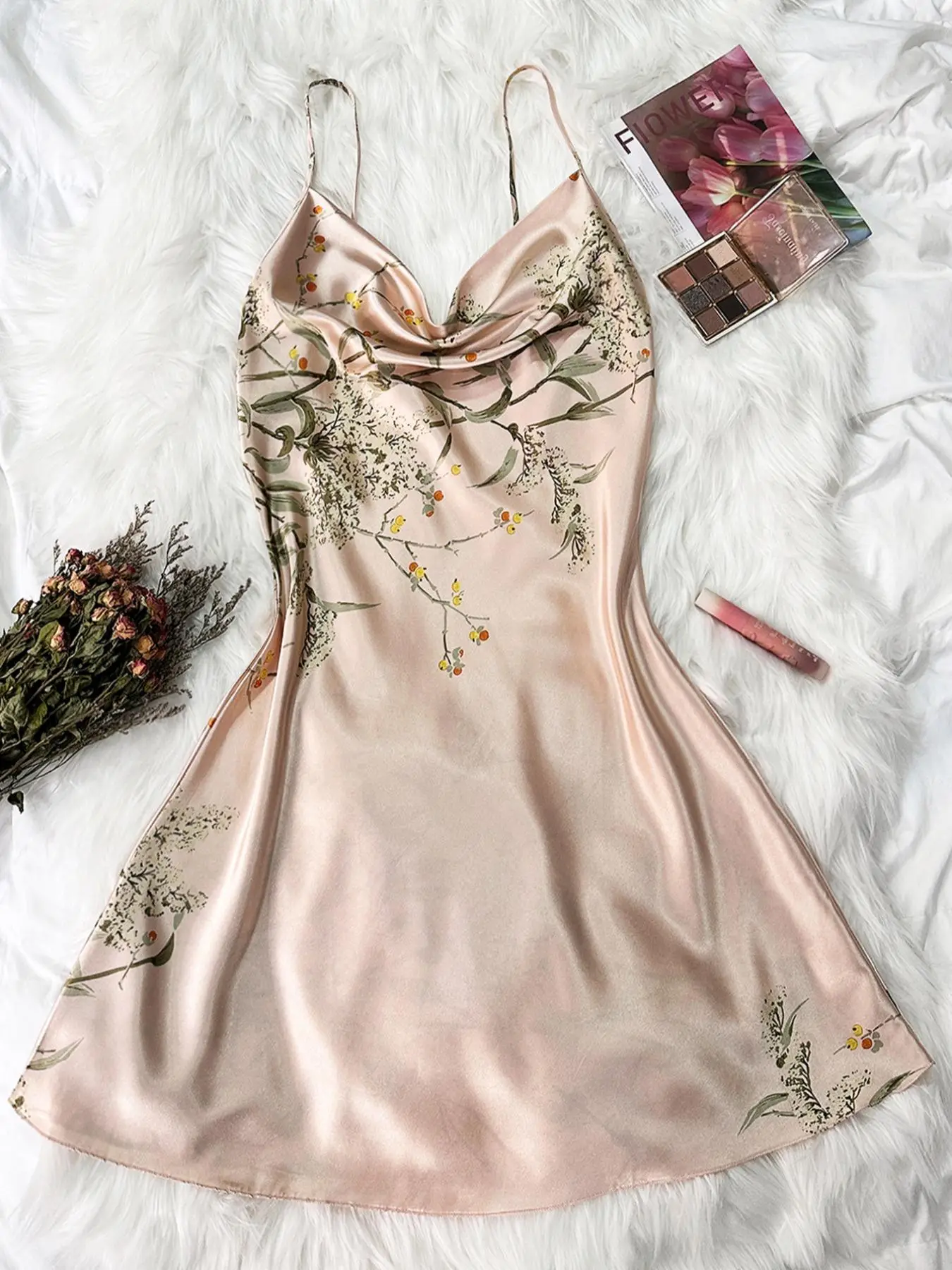 Women's Soft Satin Cherry Print Cami Nightdress, Casual Spaghetti Strap Draped Nightgown, Women's Sleepwear for Summer