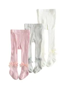 3-Pack Girls' Tight Pants with Bow Design, Breathable Hollow Out, Colorful Combo, College Casual Style, Comfortable Daily Wear, Stretchy Tights