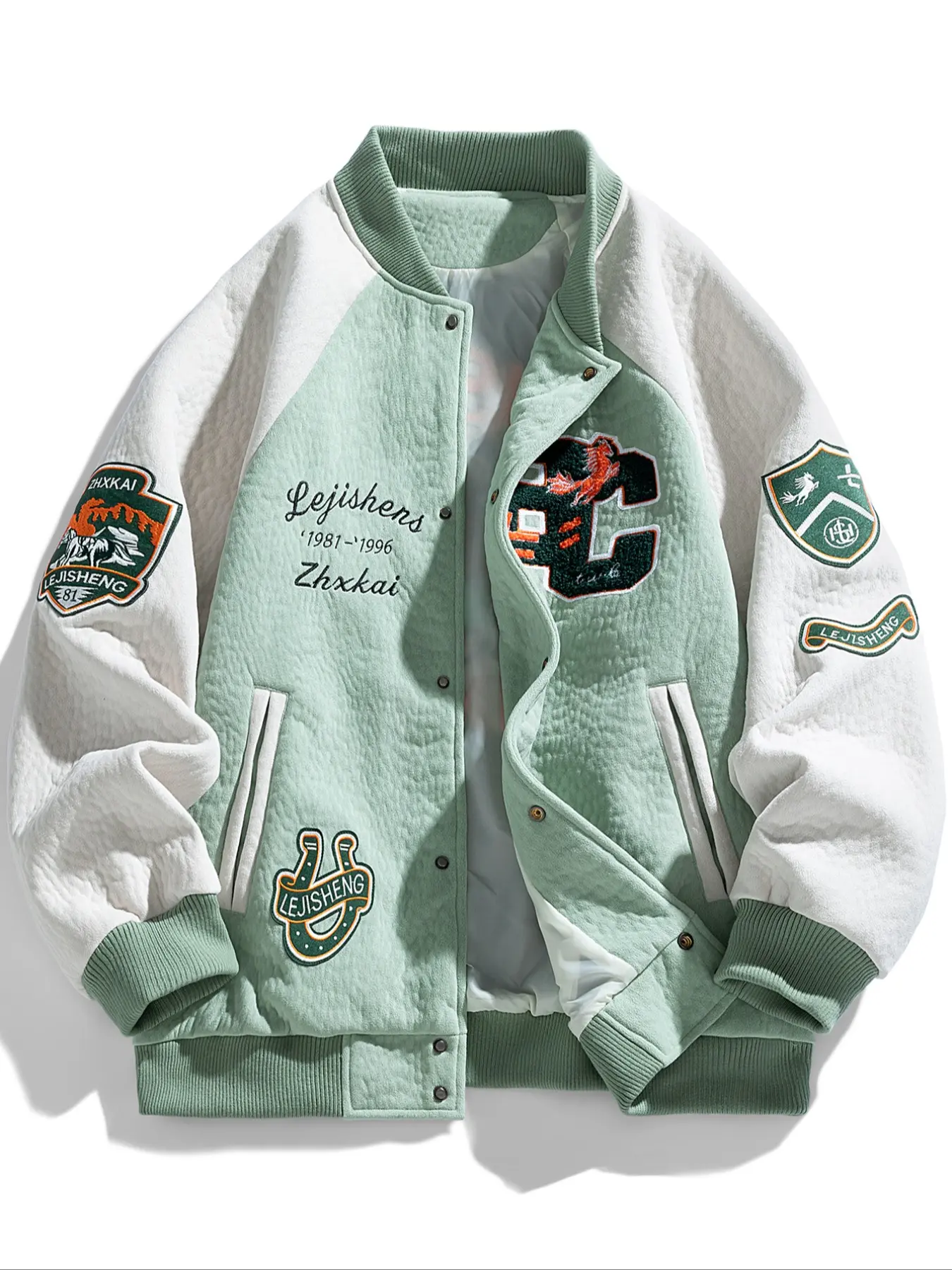 Men's American Retro College Baseball Jacket, Colorblock Embroidered Waffle Knit Spring Autumn Trendy Coat, Fitted Style, Moderate Thickness Fabric