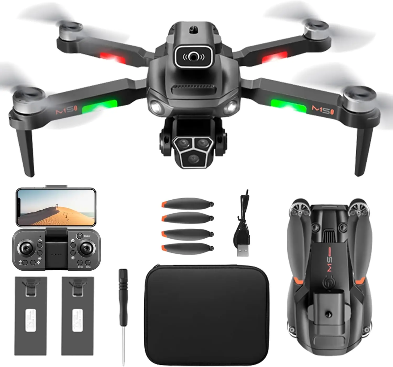 Drone with Camera Wi-Fi FPV Gesture Control Foldable 15 Min Flight Time 2 Batteries 15 Minutes Each Carrying Case Adjustable Lens Brushless Motor Obstacle Avoidance One Key Take Off Land for 2.4GHz Gift For Teen Black