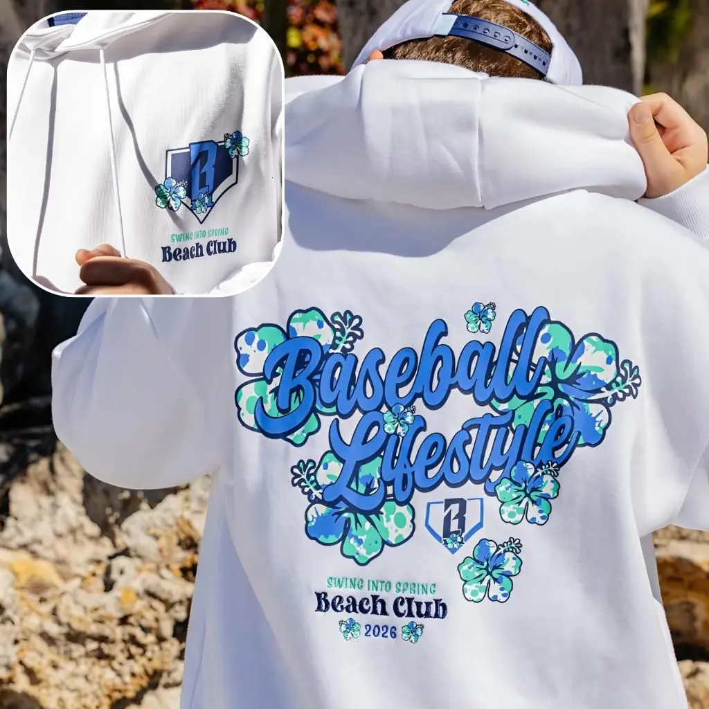 2 Sided Youth & Adult Hoodie Baseball Lifestyle Graphic Hoodie, Swing Into Spring Beach Club Hoodie, Baseball Fan Spring Season Outfit...