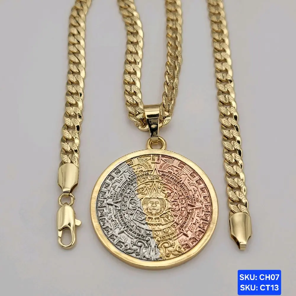 Aztec Calendar 3 Color Gold-Plated Cuban Link Necklace Chain 24 inches 6mm wide, SKU: CH07 SKU: CT13