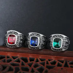 Retro Punk Style Double Eagle Synthetic Zircon Square Stainless Steel Men's Ring, Daily Party Wearing Jewelry Triple Sided Cz