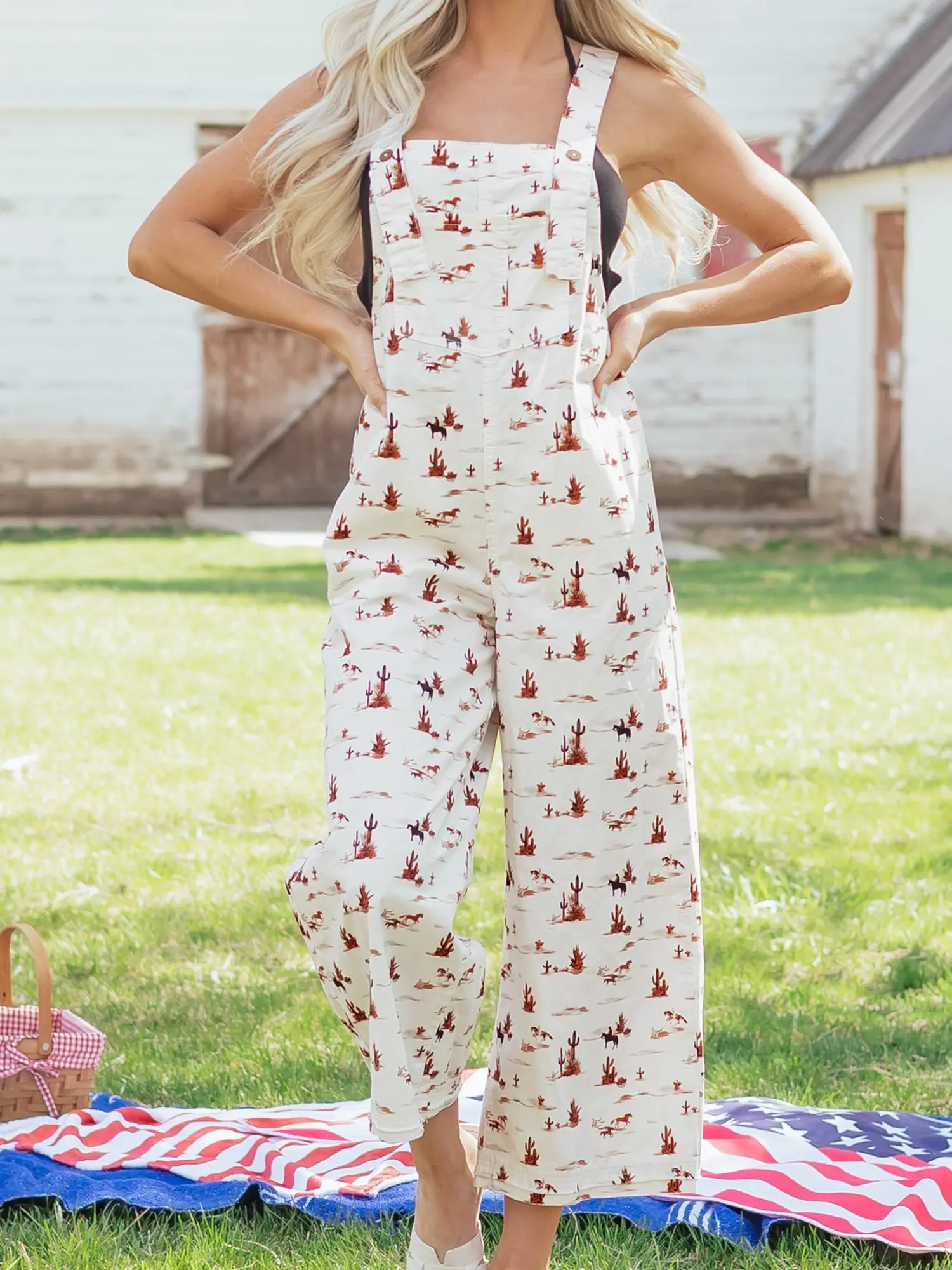 Beige Western Printed Button Adjustable Straps Loose Jumpsuit Dungarees