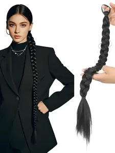 Synthetic Braided Ponytail Extensions, Boxing Braid Wraparound Ponytail, 28 Inch Three Strand Hair Extension, Elastic Hair Tie