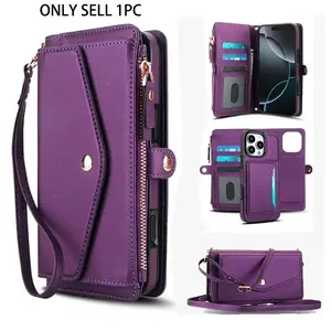 Smartphone, women's wallet protective case, supports wireless charging, with RFID card holder, detachable magnetic case, crossbody strap, wristband zipper mobile wallet, Cash, Protection, Accessories For iphone 17 phone case /16/15/14/13/12 Pro Max Plus