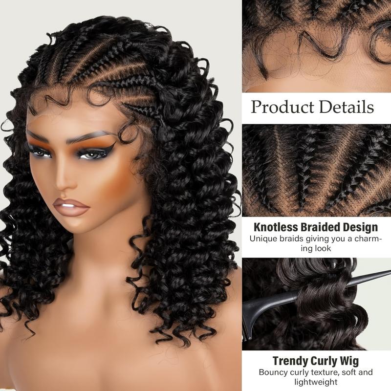 16 Inch Black Long Wavy Braided Lace Wigs for Women, Gorgeous Fluffy Wigs with Baby Hair Bangs, Synthetic Braided Full Lace Wigs for Party, Daily Use
