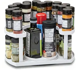 Two-Tiered Spice Organizer & Holder That Saves Space, Keeps Everything Neat, Organized & Within Reach With Dual Spin Turntables
