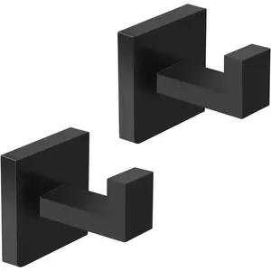 2-Pack Towel Hooks Hand Towel Holder for Bathroom Wall Livingroom Bedroom Kitchen Closet Heavy Duty Stainless Steel Hook Hanger for Robe, Bath Towel, Coat (Square Matte Black)