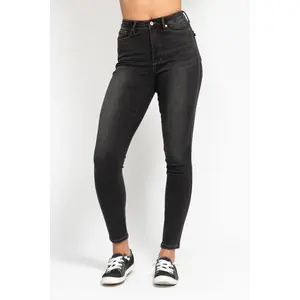 Judy Blue High Waist Tummy Control Black Wash & Contrast Thread Skinny Denim Jeans 88768 Bottom Pants, Spandex, Smooth