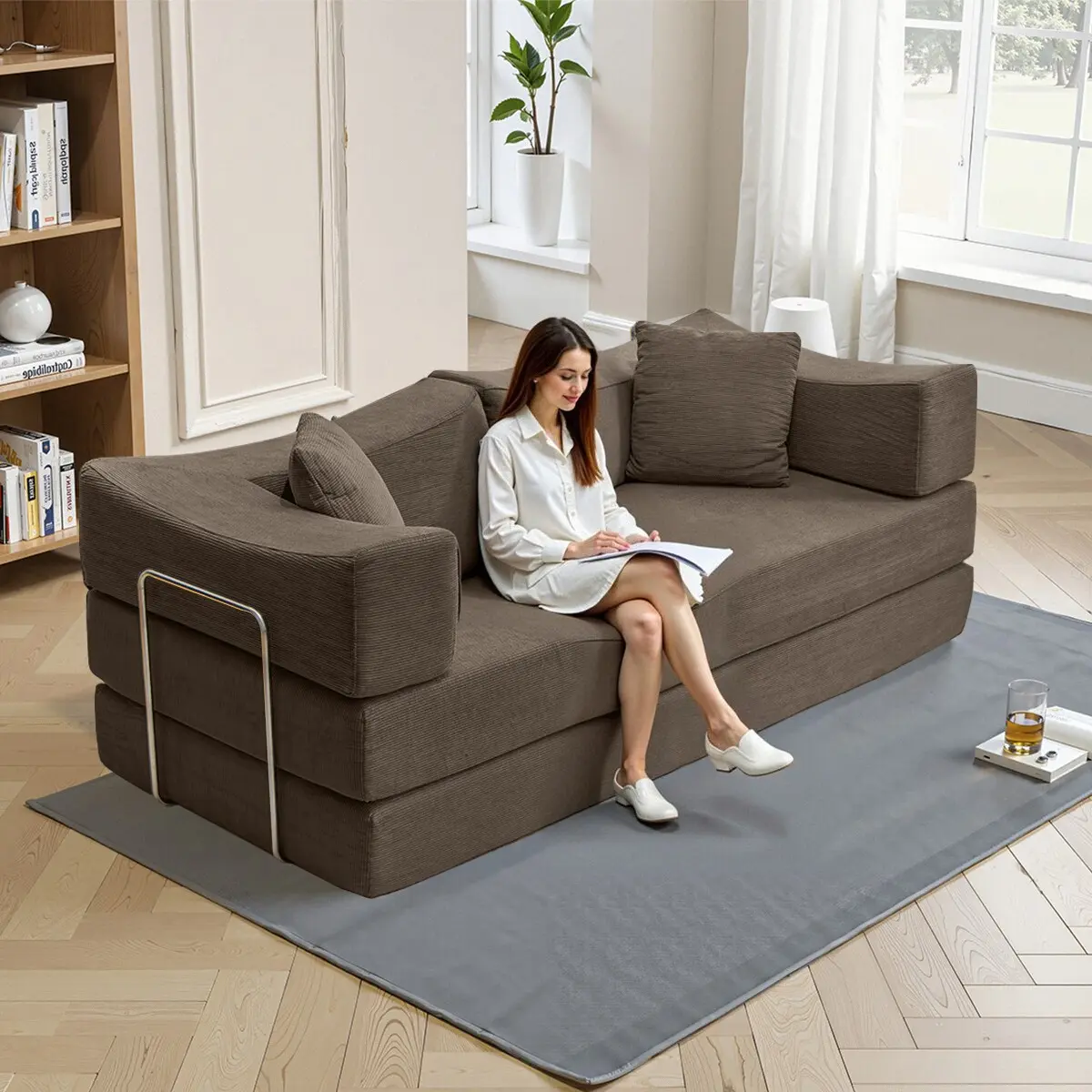 Convertible Sleeper Sofa Bed with Cylindrical Pillow, Corduroy Folding Mattress Couch with Fixed-Shape Frame, Floor Sofa Lounge Couch for Living Room Bedroom Lounge Studio upholstered  futon teddy couch dupe cob  couch