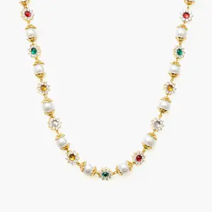 en route Daisy Pearl Necklace in Gold, Vibrant Gemstone Flowers with Pearl Accents, A Chic Statement Piece for Layering Day-to-Night