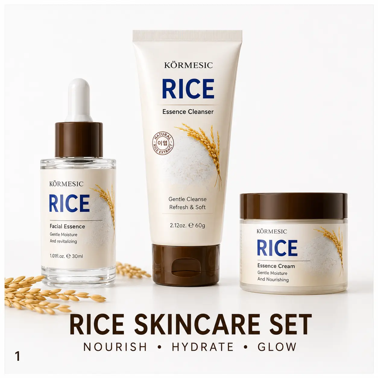Korean rice skin care set, 3-piece moisturizing and beauty products, including cleanser, essence liquid and face cream, suitable for morning care, Christmas gifts for women and teenagers, suitable for men and women