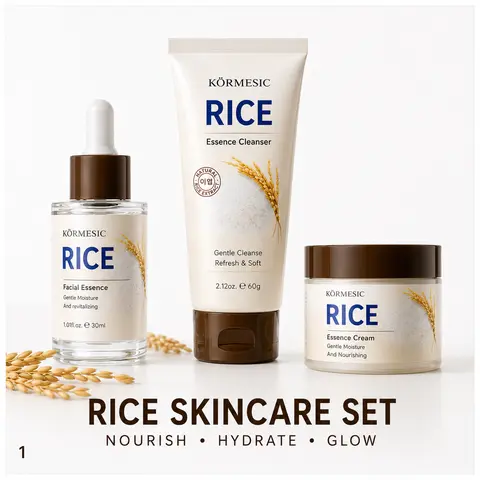 Unisex Korean Rice-Based 3-Piece Skin Care Kit - Daily Routine Set with Face Wash, Essence Liquid, Face Cream for Morning Hydration, Facial Care Gift Set