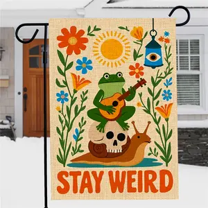 Rustic Stay Weird Retro Garden Flag 12x18 Inch Double-Sided Linen Outdoor Yard Decoration with Whimsical Frog, Guitar, Skull & Floral Design, Farmhouse Porch Decor, No Flagpole