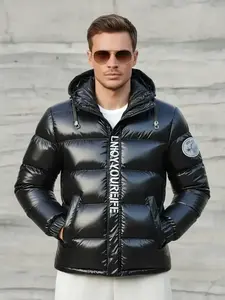 Men's shiny jacket with warm winter coat print, thick hooded casual jacket suitable for cold weather, fashionable and durable windbreaker suitable for outdoor activities, multiple sizes to choose from, Zipper Hooded Jacket, essential comfortable warm