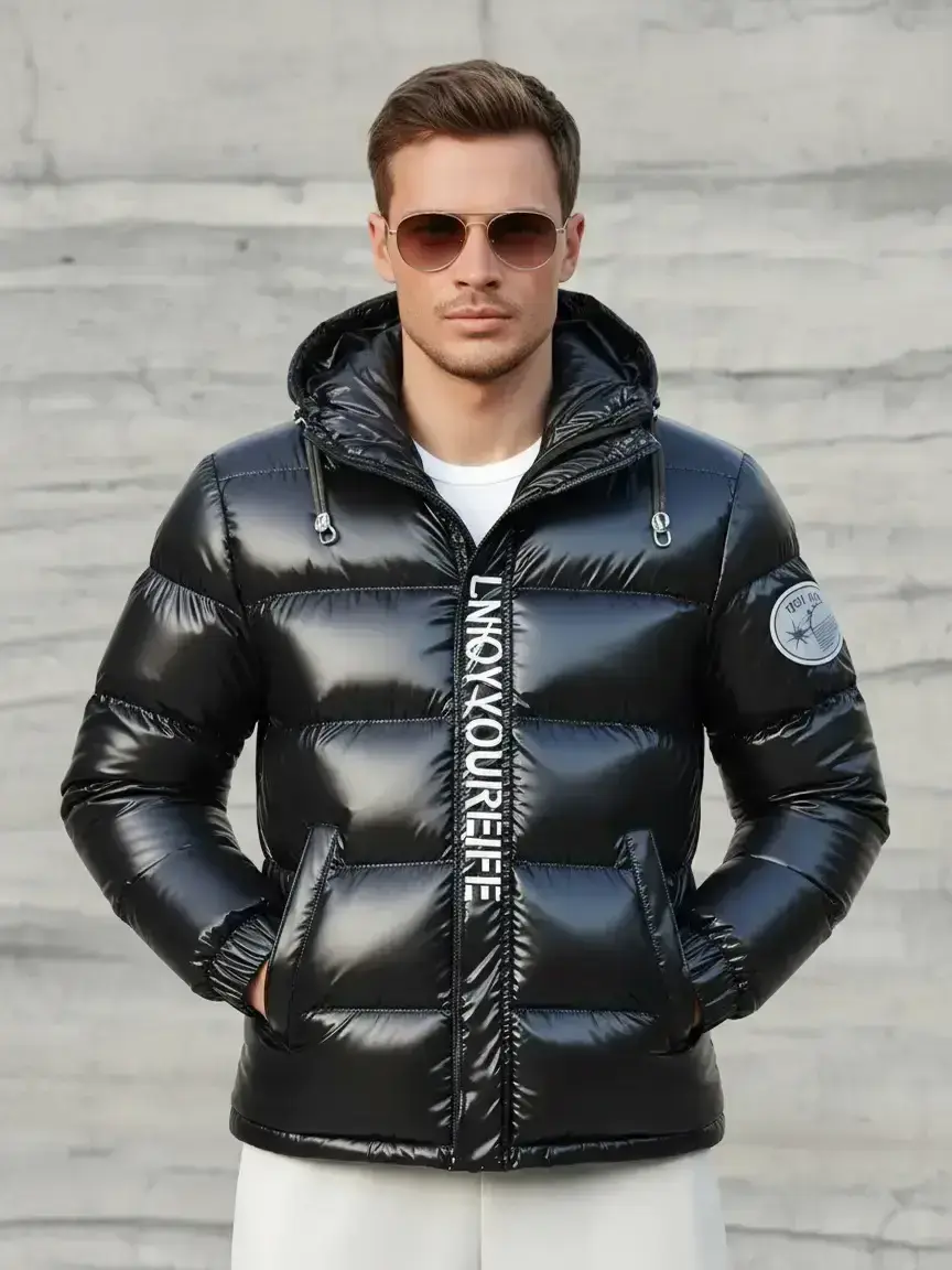 Men's shiny, Long sleeve jacket with warm winter coat print, thick hooded casual jacket suitable for cold weather, durable windbreaker suitable for outdoor activities, multiple sizes to choose from, Zipper Hooded Jacket