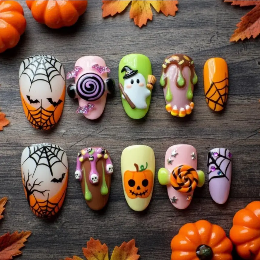 Halloween Press On Nails Set, Spider Web & Pumpkin Ghost Hand Painted, Scary Night Cosplay, Gif For Her