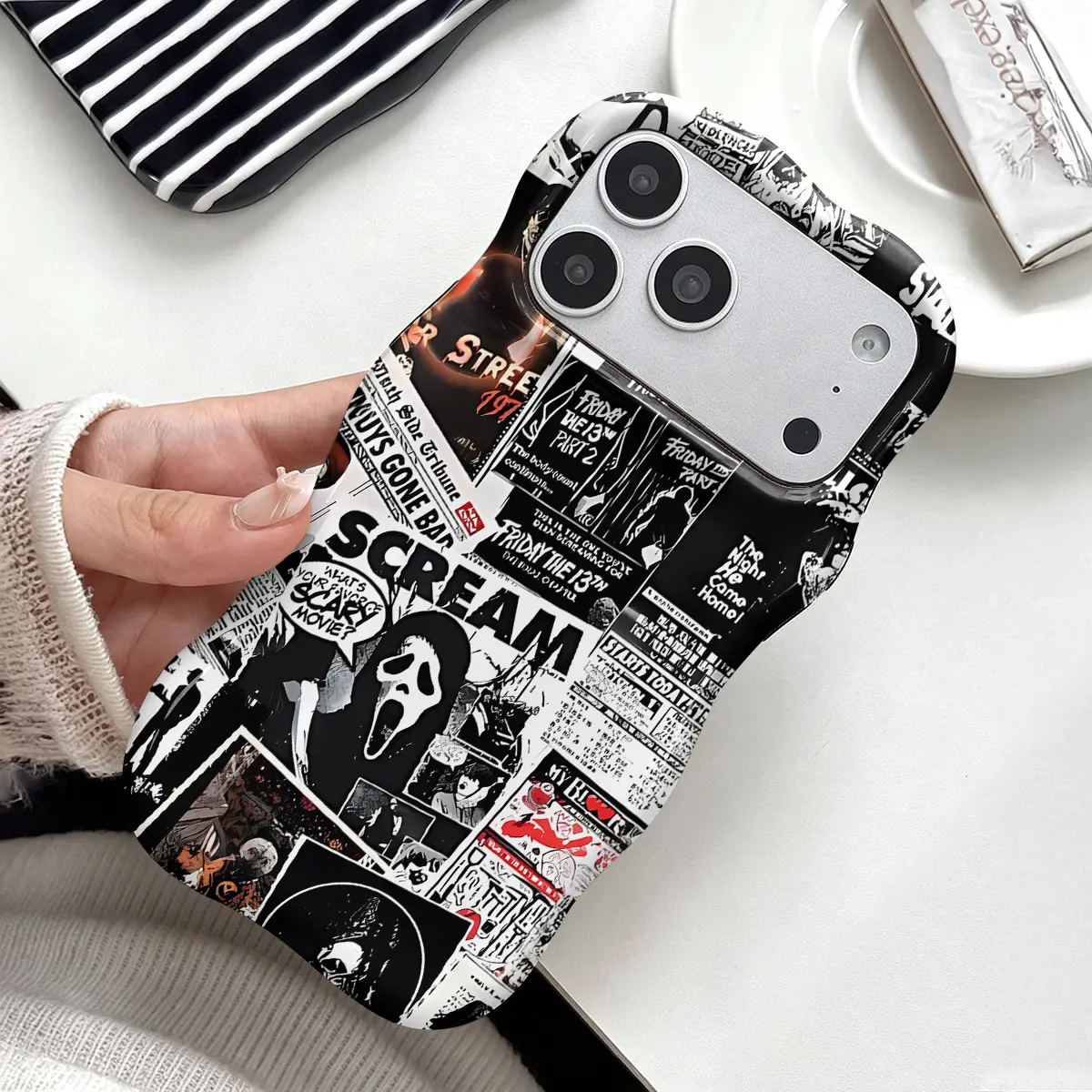 Horror Scream Ghostface Phone Case ,Cute Wavy Curved Edge Glossy Protective Shockproof Rugged Cover, Dual Layer Soft TPU Bumper Hard Shell Design for iPhone 11 12 13 14 15 16 17 Pro Max Air, Retro Movie Collage