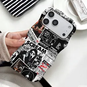 Horror Scream Ghostface Phone Case ,Cute Wavy Curved Edge Glossy Protective Shockproof Rugged Cover, Dual Layer Soft TPU Bumper Hard Shell Design for iPhone 11 12 13 14 15 16 17 Pro Max Air, Retro Movie Collage