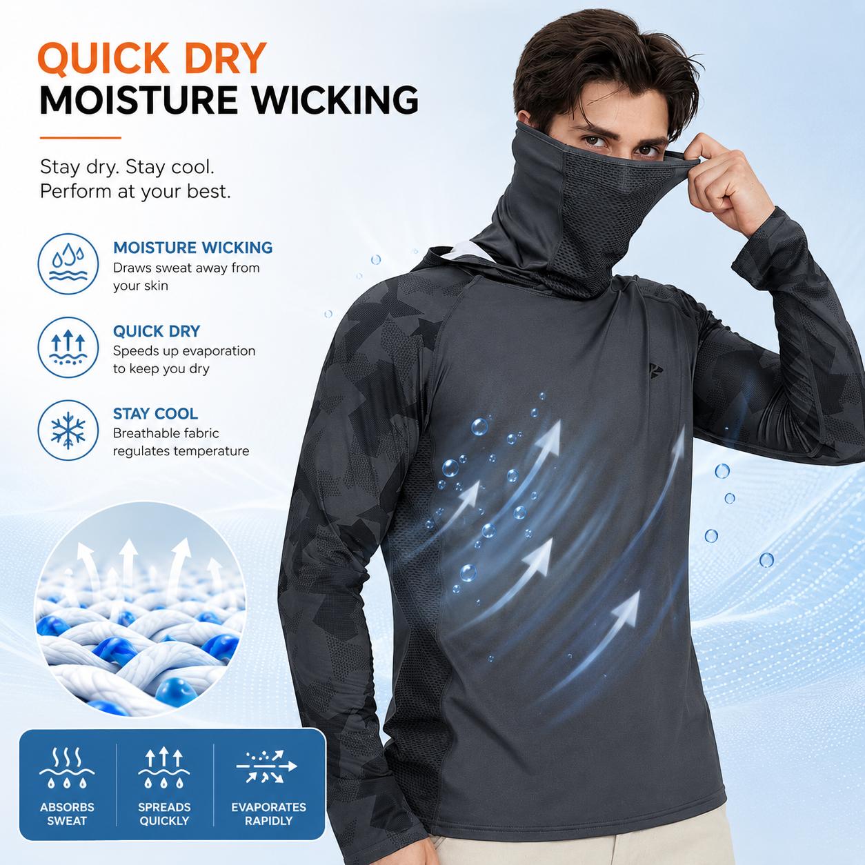 【RODEEL】915 Sun Hoodie Shirts w/ Mask Neck Gaiter Men UPF 50+ UV Protection Long Sleeve Lightweight Quick Dry Moisture Wicking Breathable Cooling Athletic Activewear for Outdoor Fishing Boating Hiking Construction Roofing Framing Landscaping summervibes