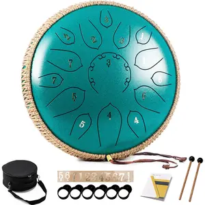 Steel Tongue Drum - 15 Note 12 Inch Tongue Drums - Percussion Instruments - Hand Pan Drum with Music Book, Drum Mallets and Carry Bag, D Major, Malachite Green