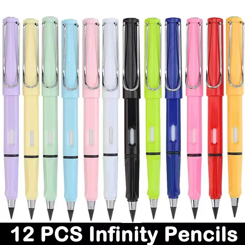 12Pack Forever Pencils for student Writing, Infinity Pencil Cute Inkless Everlasting Pencil with Eraser for Sketching (Black)