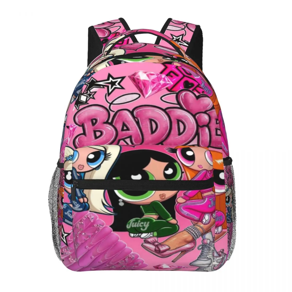 Pink Baddie Powerpuff Girls Full Print Backpack Large Capacity Kids School Daypack Lightweight Children Backpack